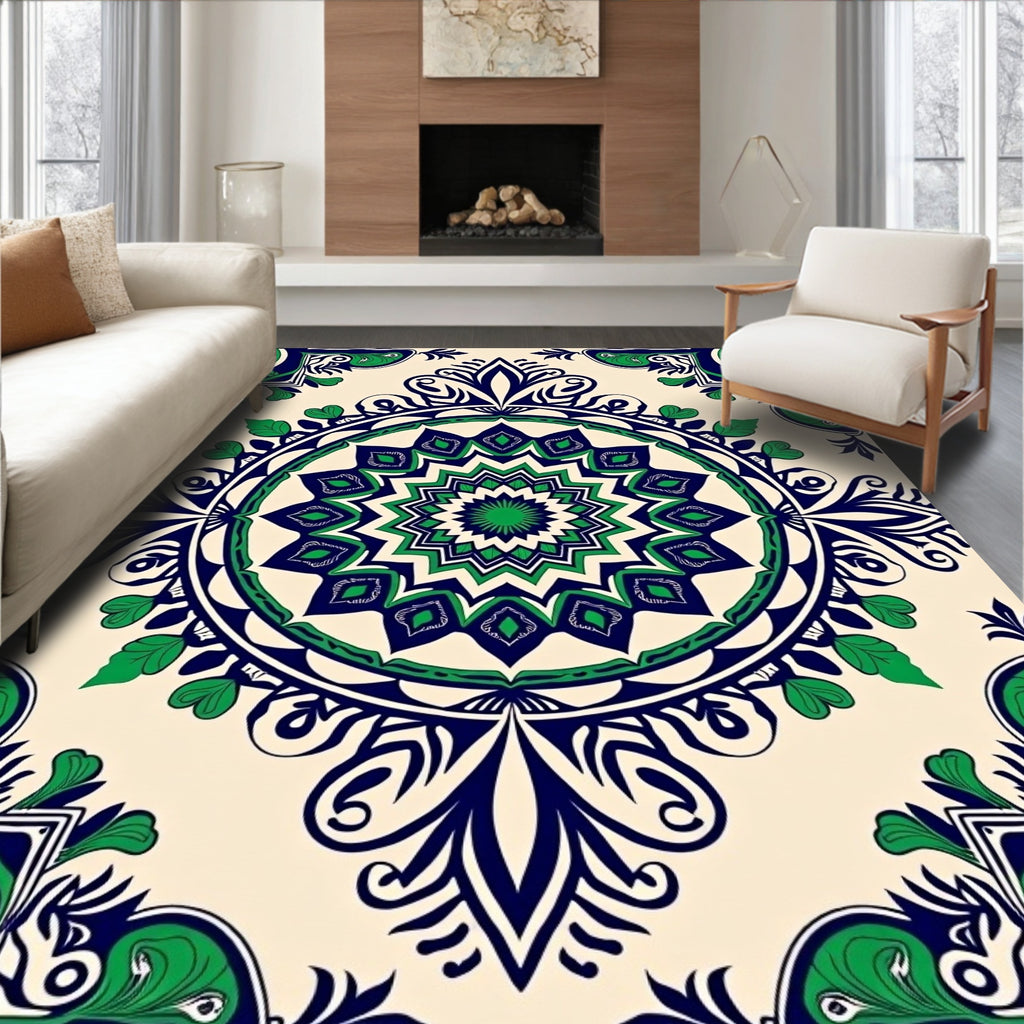 Ornate Green and Navy Floral Medallion Rug