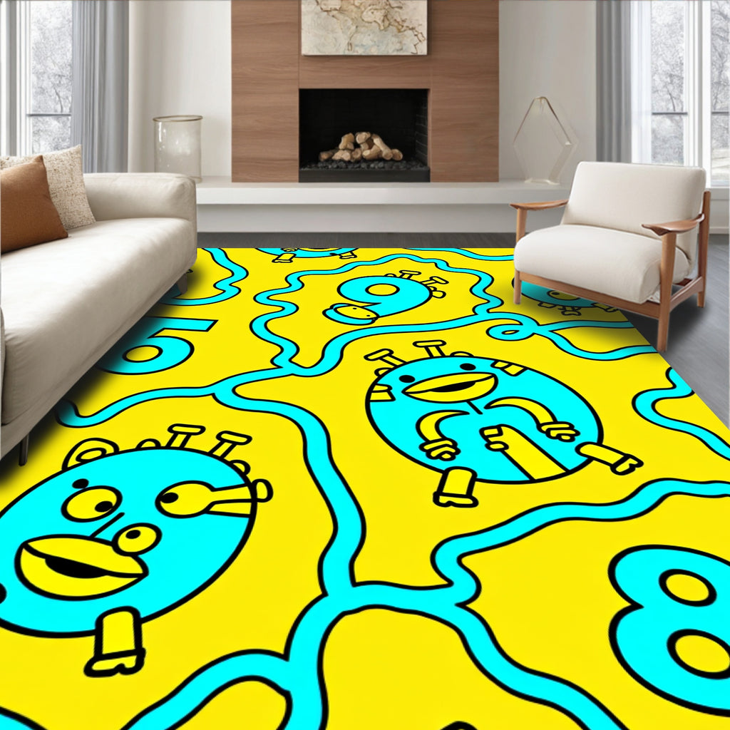 Whimsical Yellow Turquoise Cartoon Characters Rug