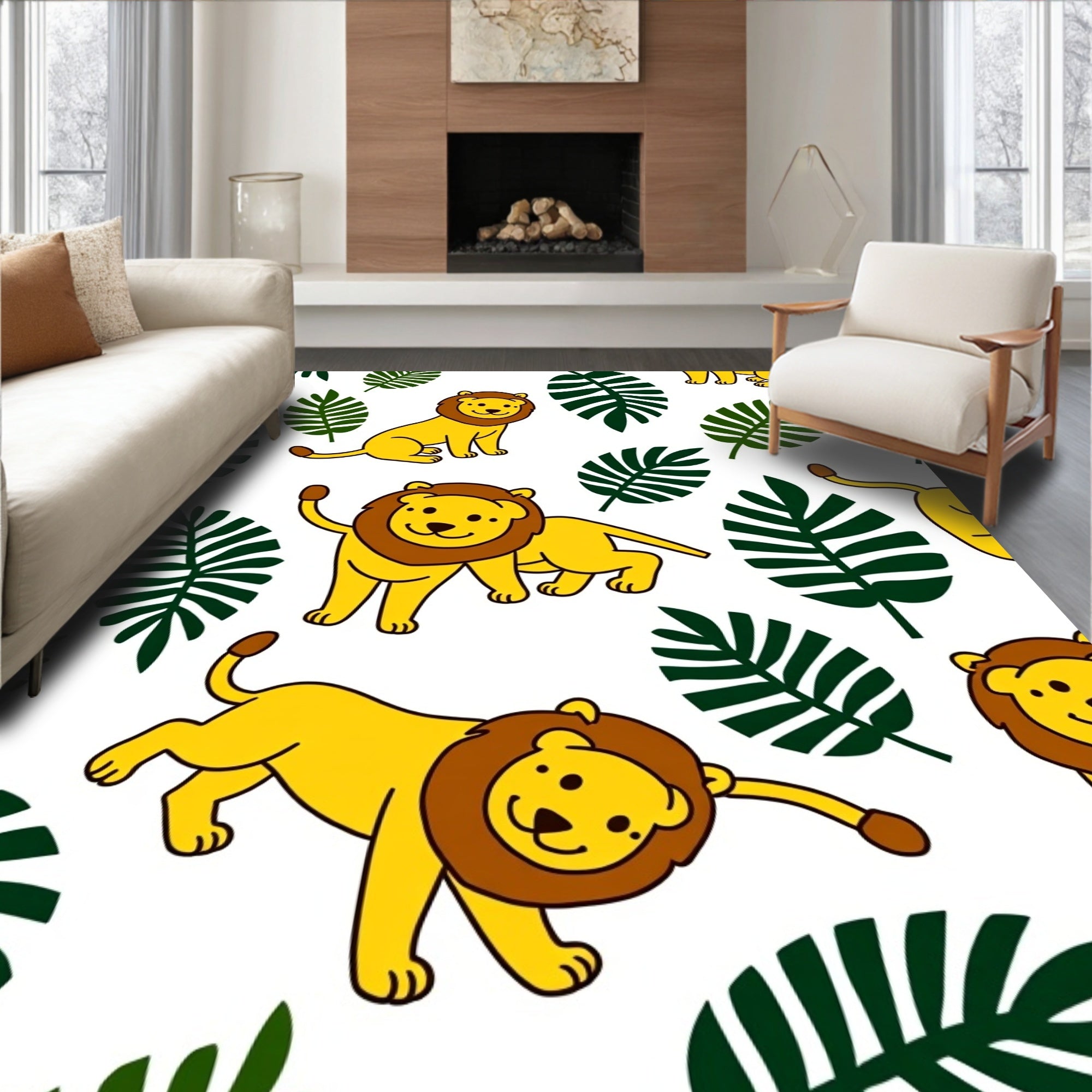Cheery Yellow Lion Jungle Leaves Rug