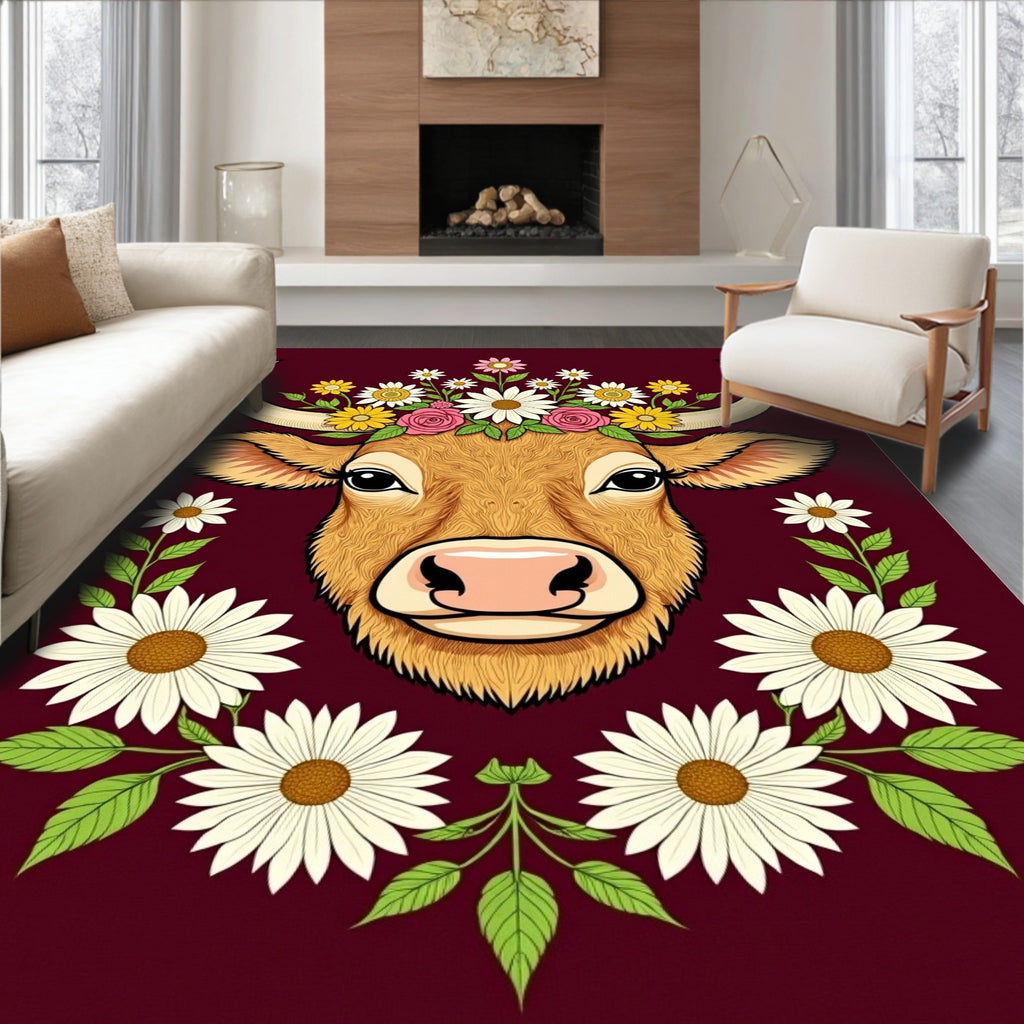 Whimsical Highland Cow Floral Wreath Rug