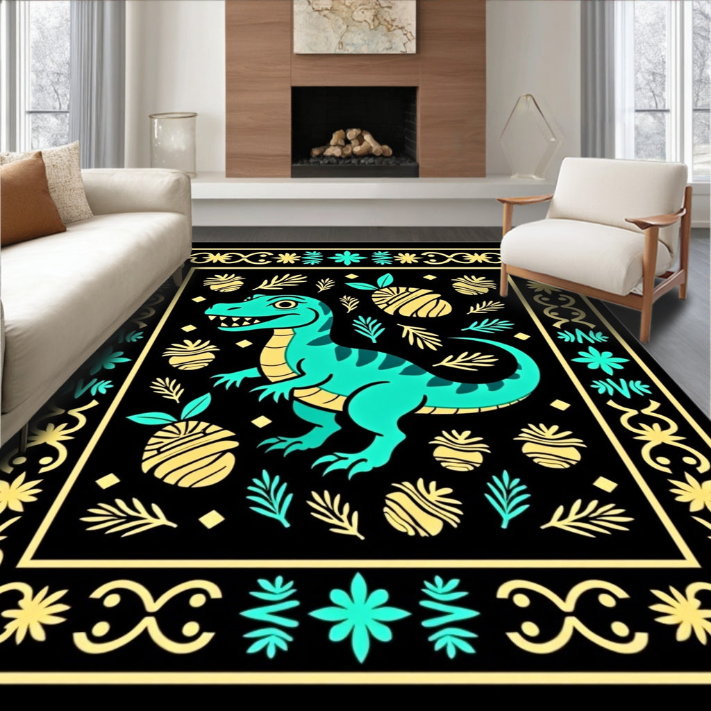 Turquoise Dinosaur Yellow Pineapple Border Rug