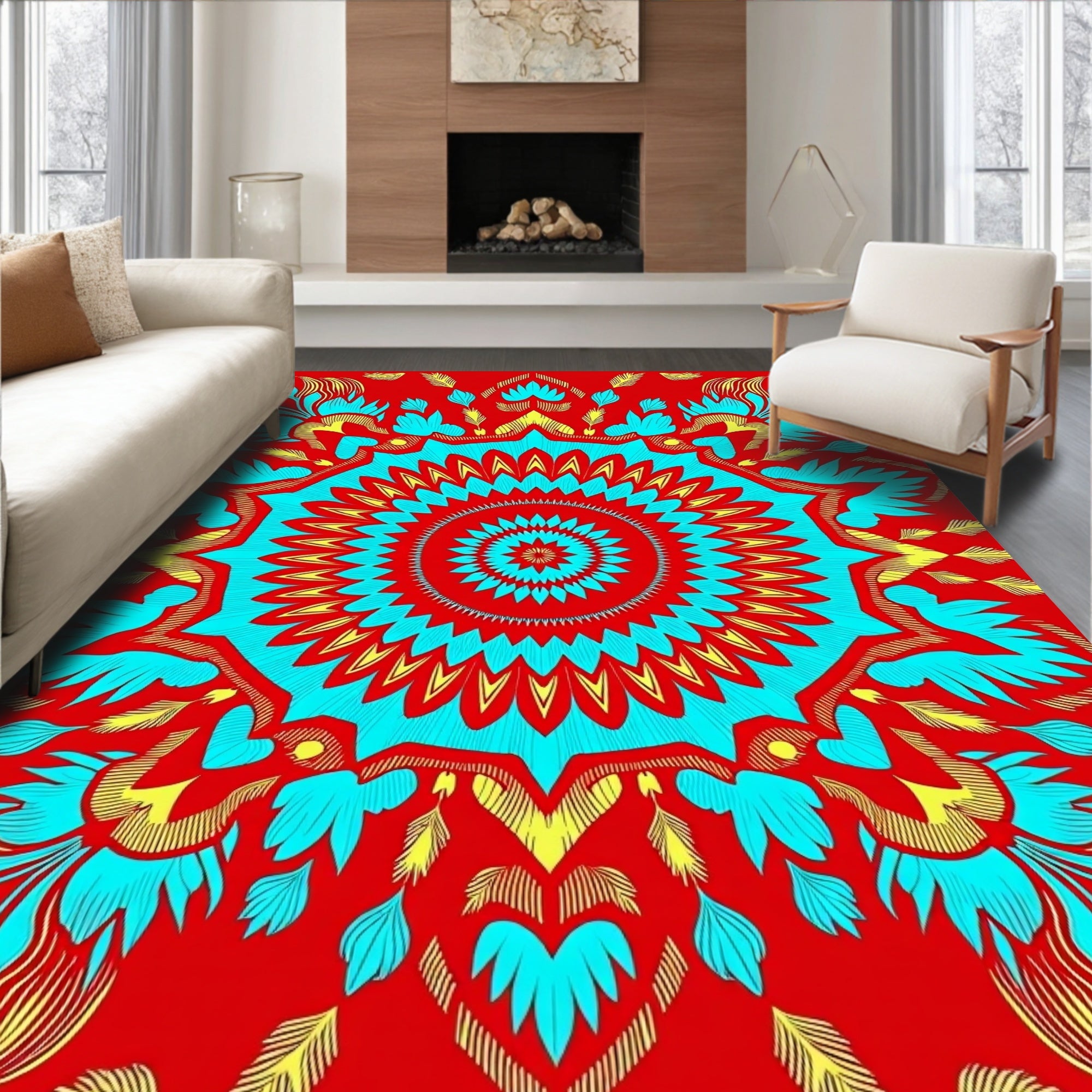 Vibrant Red Cyan Feathered Medallion Rug