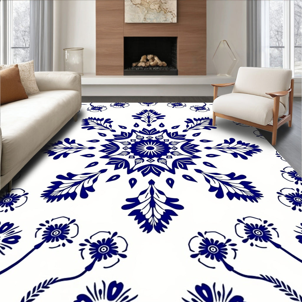 Blue White Floral Medallion Symmetry Rug
