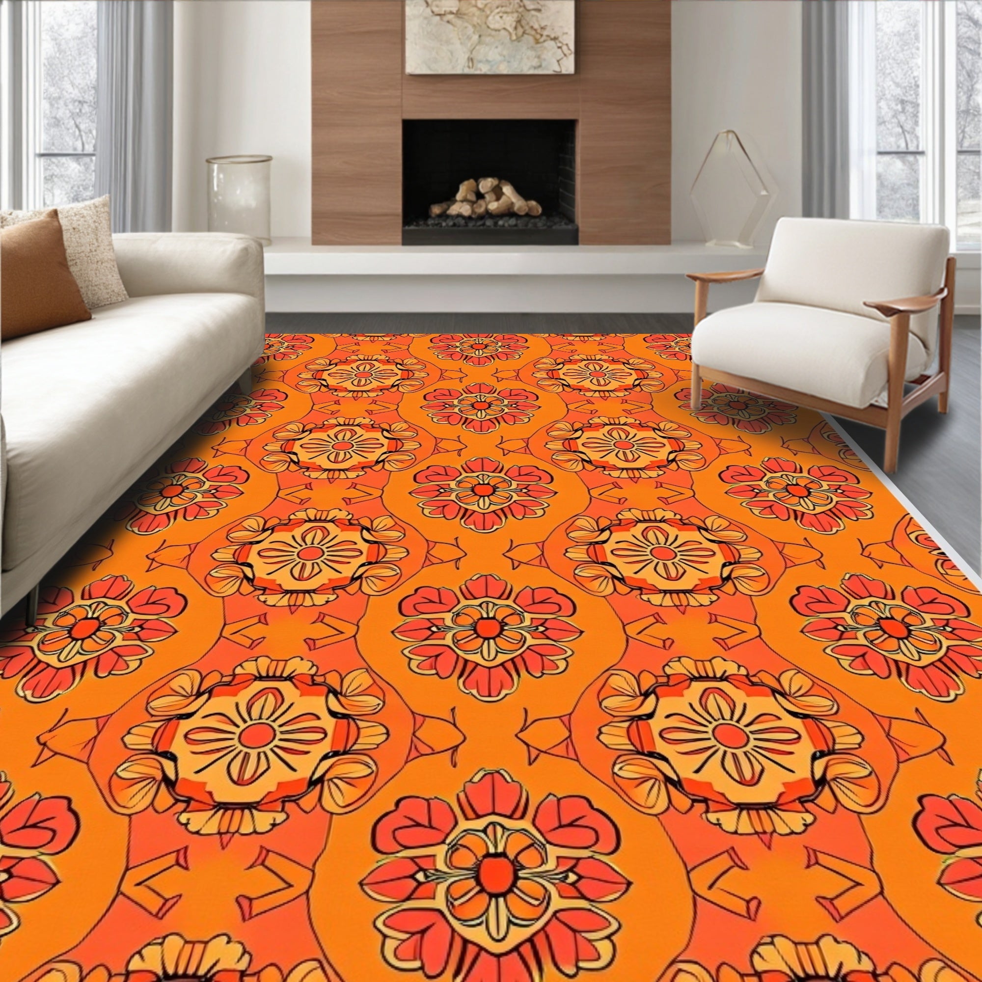 Crimson Orange Floral Tessellation Rug