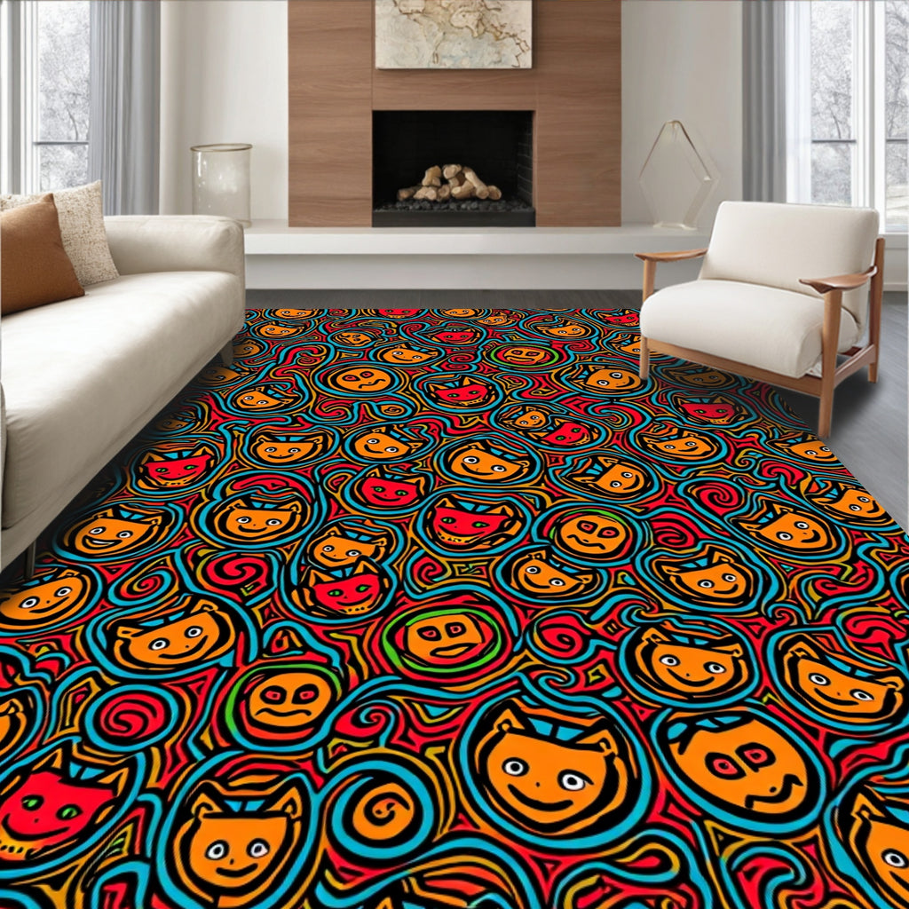 Funky Cartoon Cat Swirl Red Orange Rug