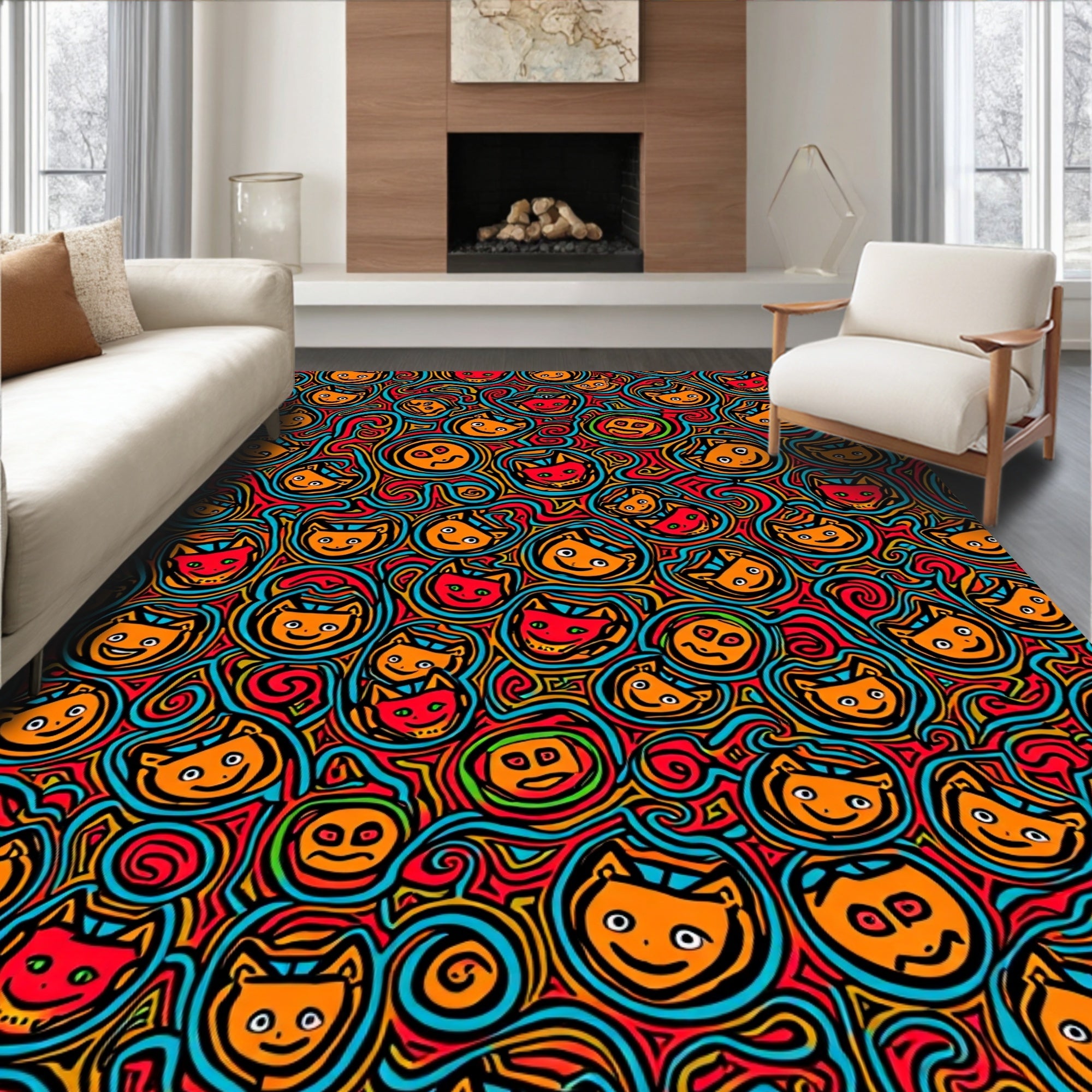 Funky Cartoon Cat Swirl Red Orange Rug