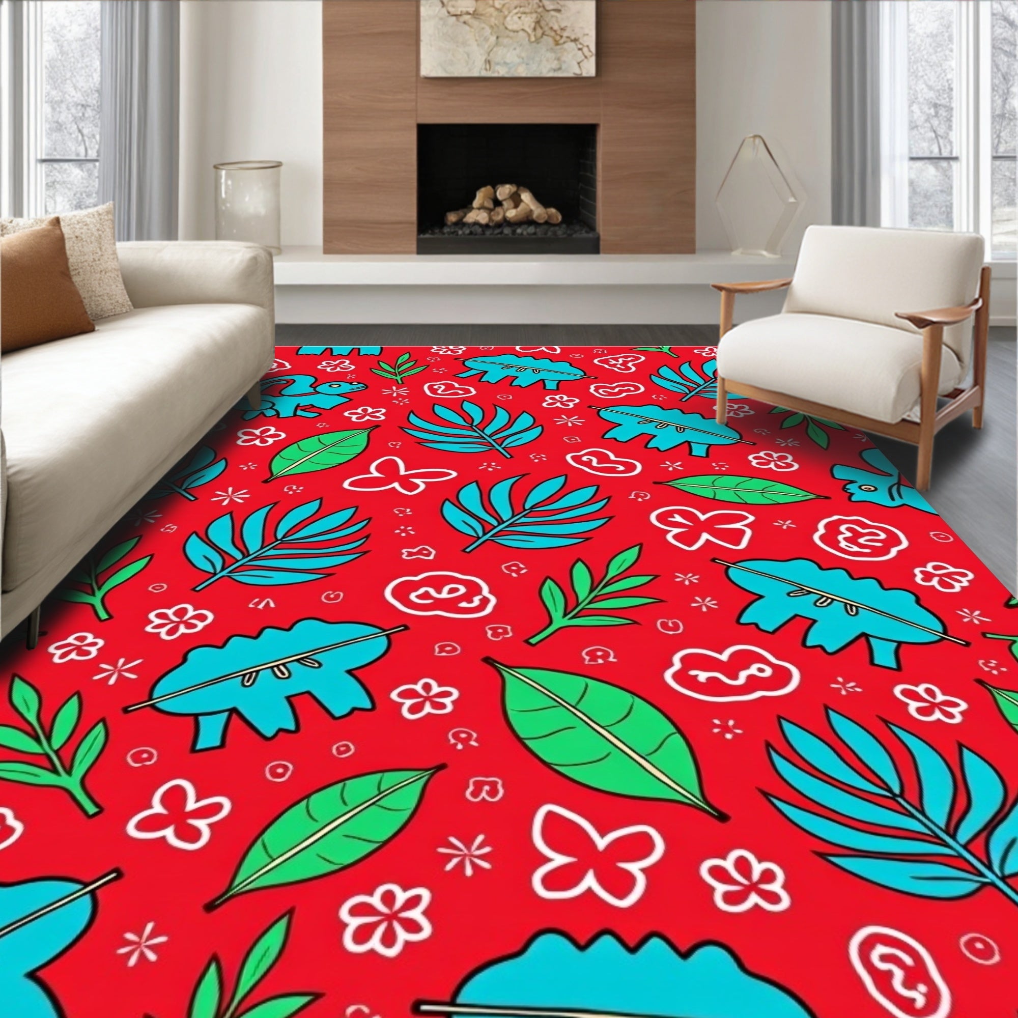 Playful Tropical Dino Leaf Medley Rug