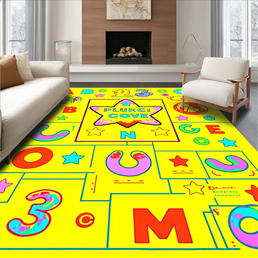 Bright Yellow Star with Abstract Shapes Rug