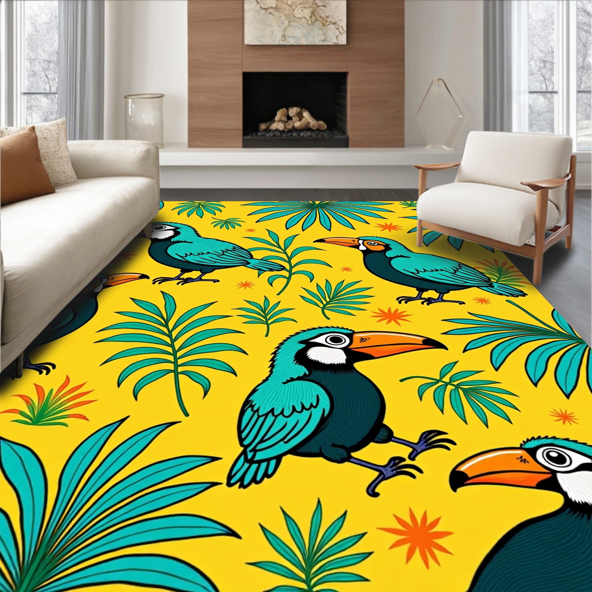 Tropical Toucan Turquoise Foliage Yellow Rug