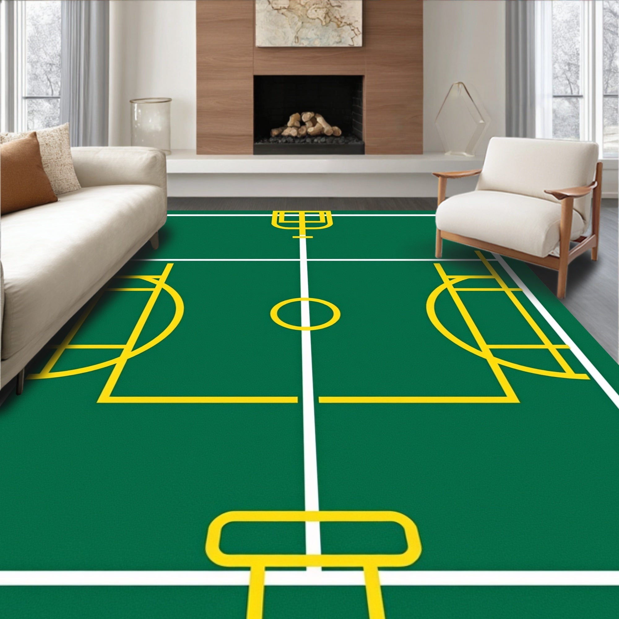 Green Field Yellow Goalpost Line Art Rug