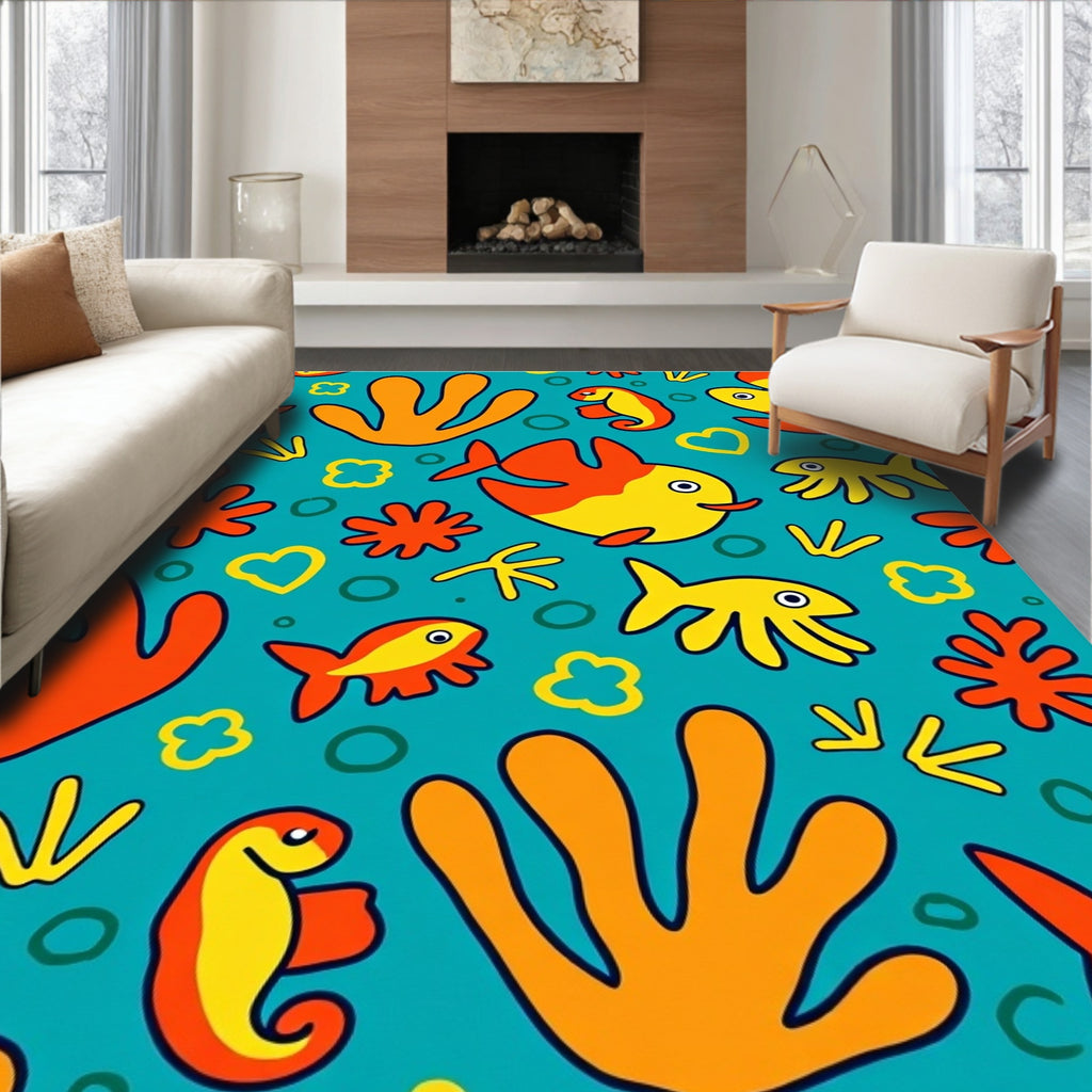 Whimsical Aquatic Life Orange Yellow Rug