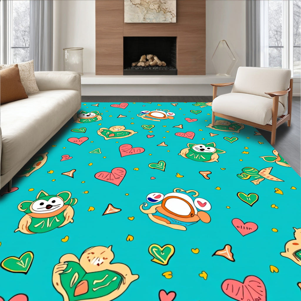 Cyan Whimsical Hearts Animal Characters Rug
