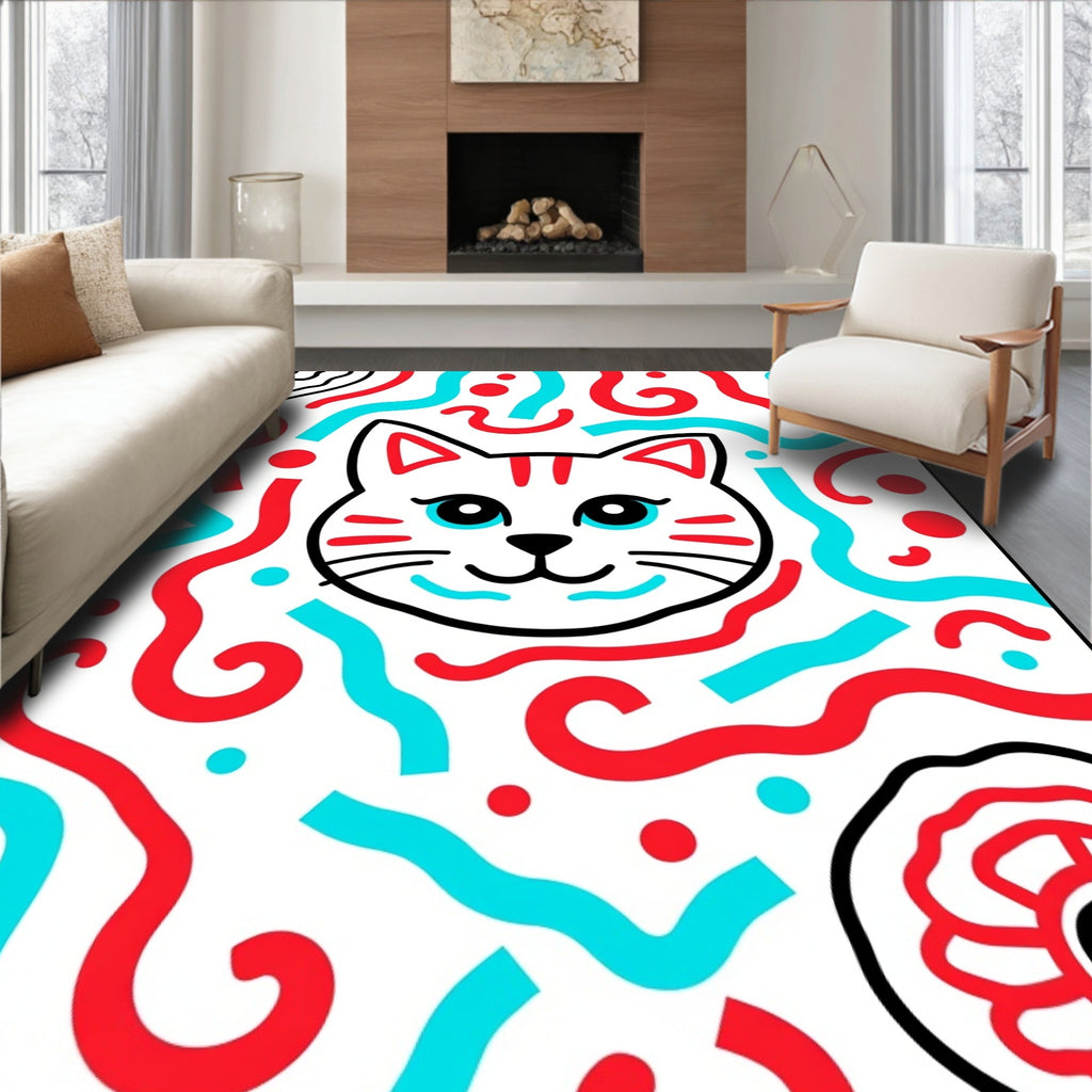 Playful Red Teal Cat Swirls Rug