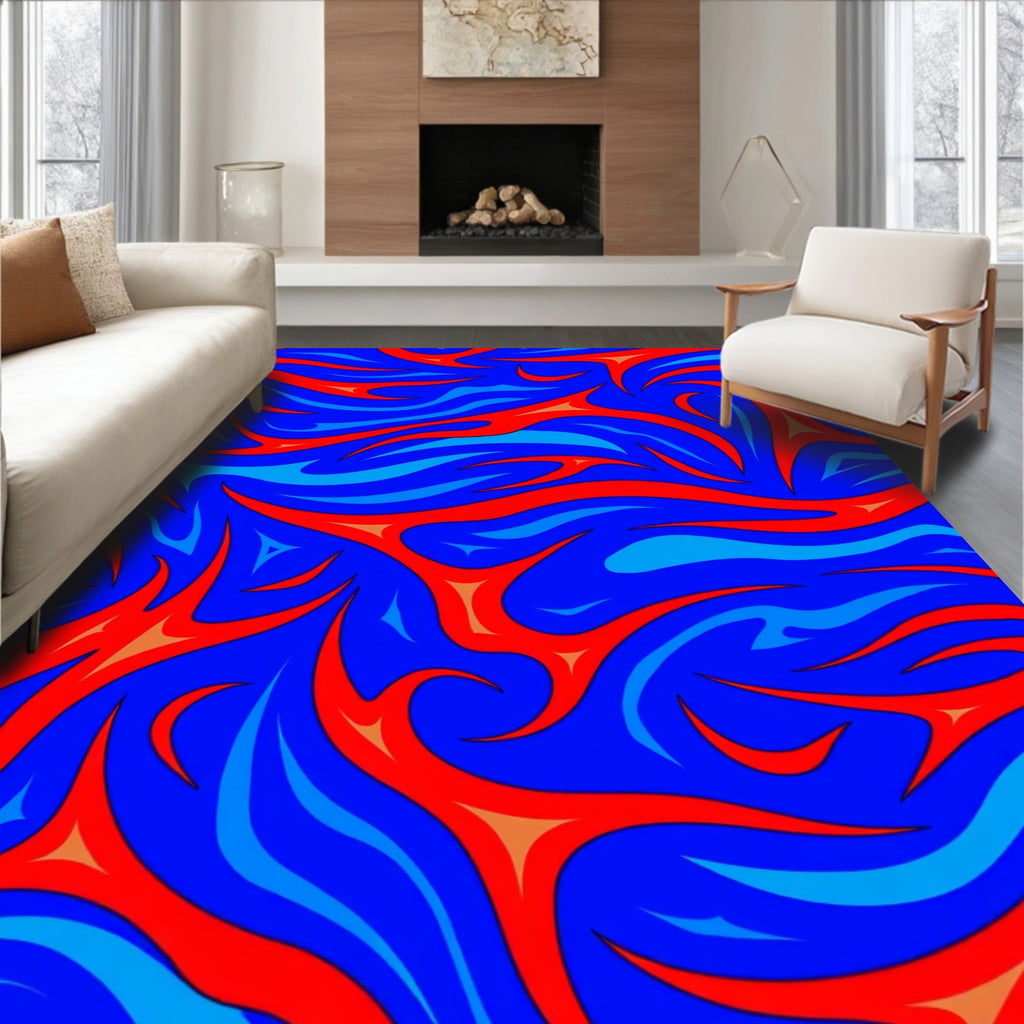 Electric Blue Crimson Flame Swirl Rug
