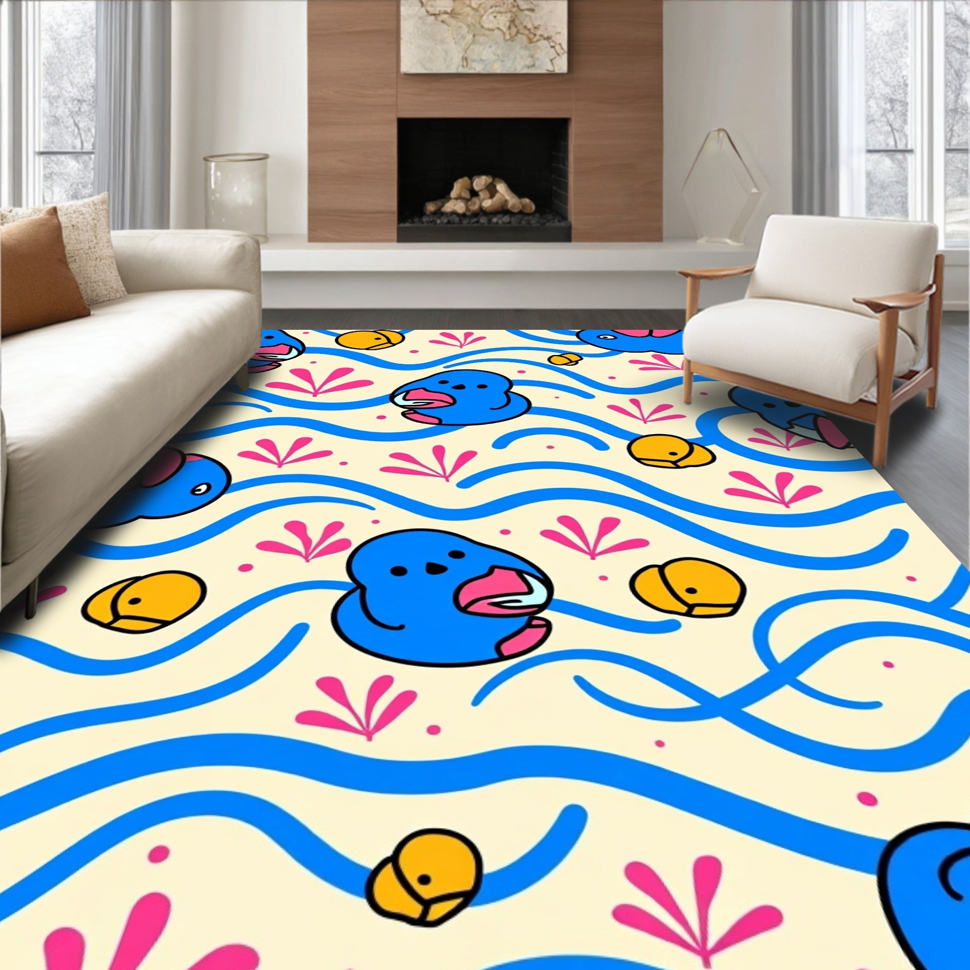 Blue Whimsical Ducks Yellow Bubbles Rug
