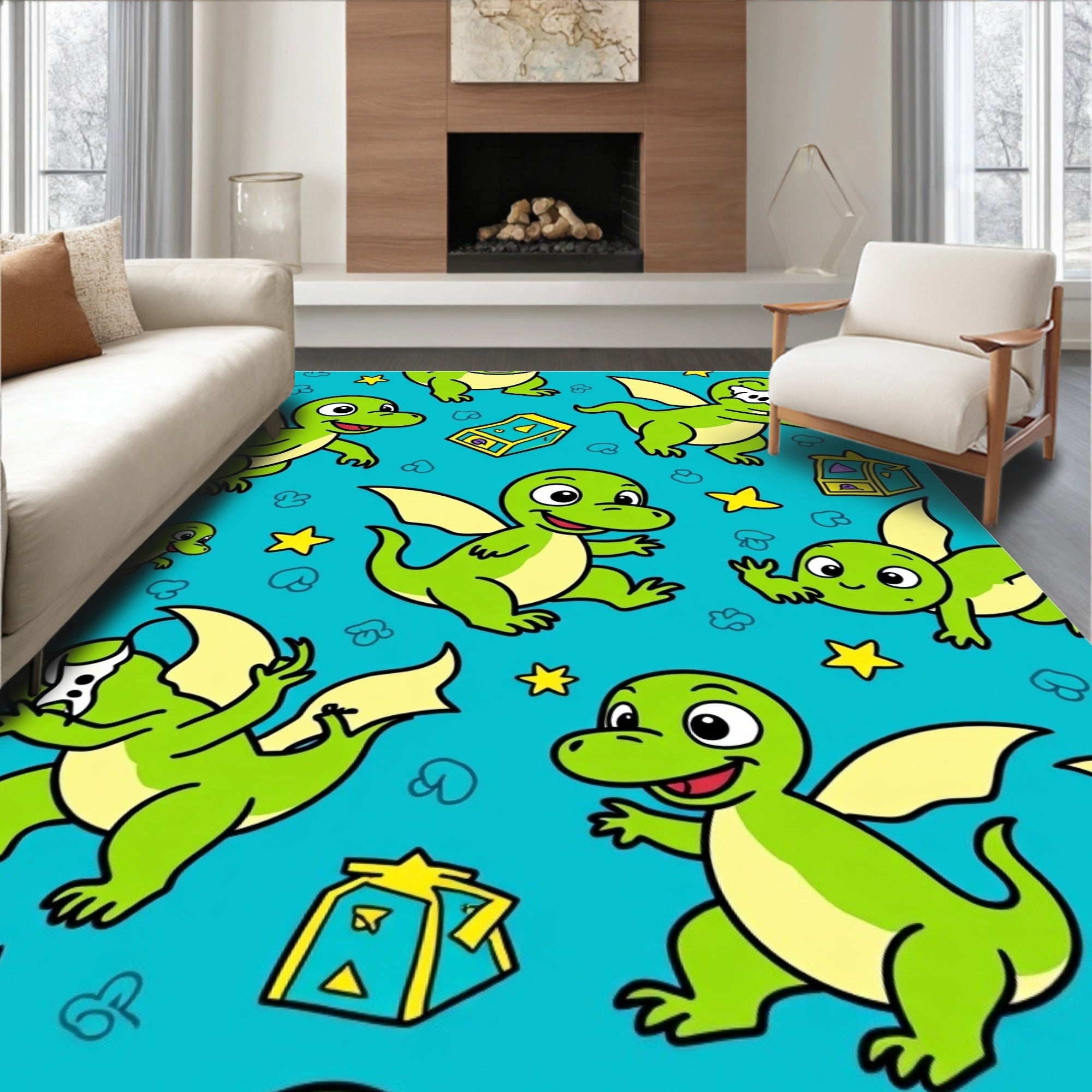Whimsical Green Dragon Starry Night Rug