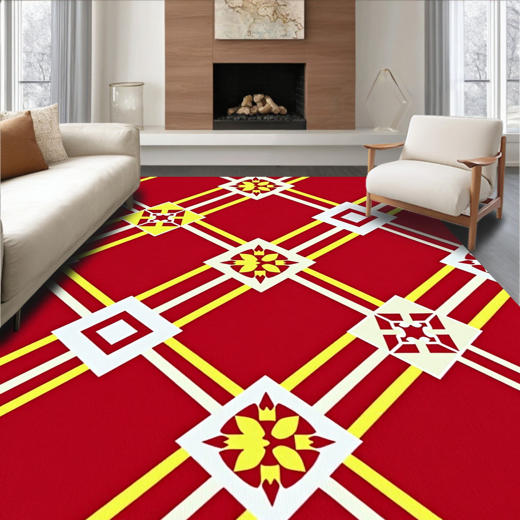 Bold Red Lattice Geometric Medallion Rug