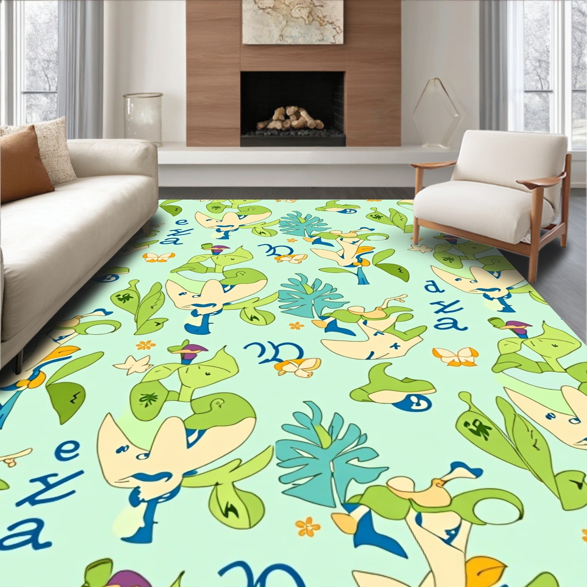 Whimsical Green Abstract Botanical Forms Rug