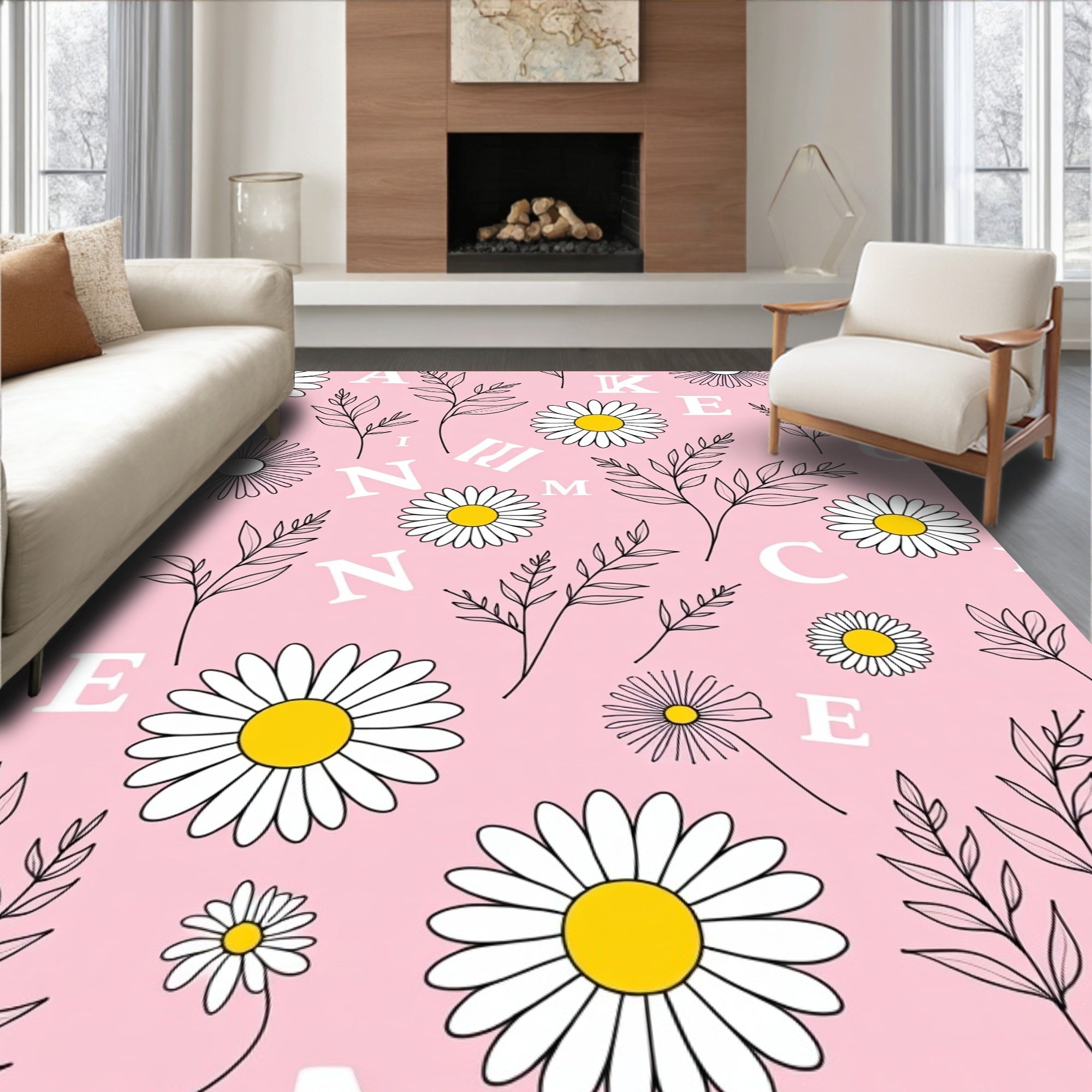 Pink Daisy Botanical Collage Rug