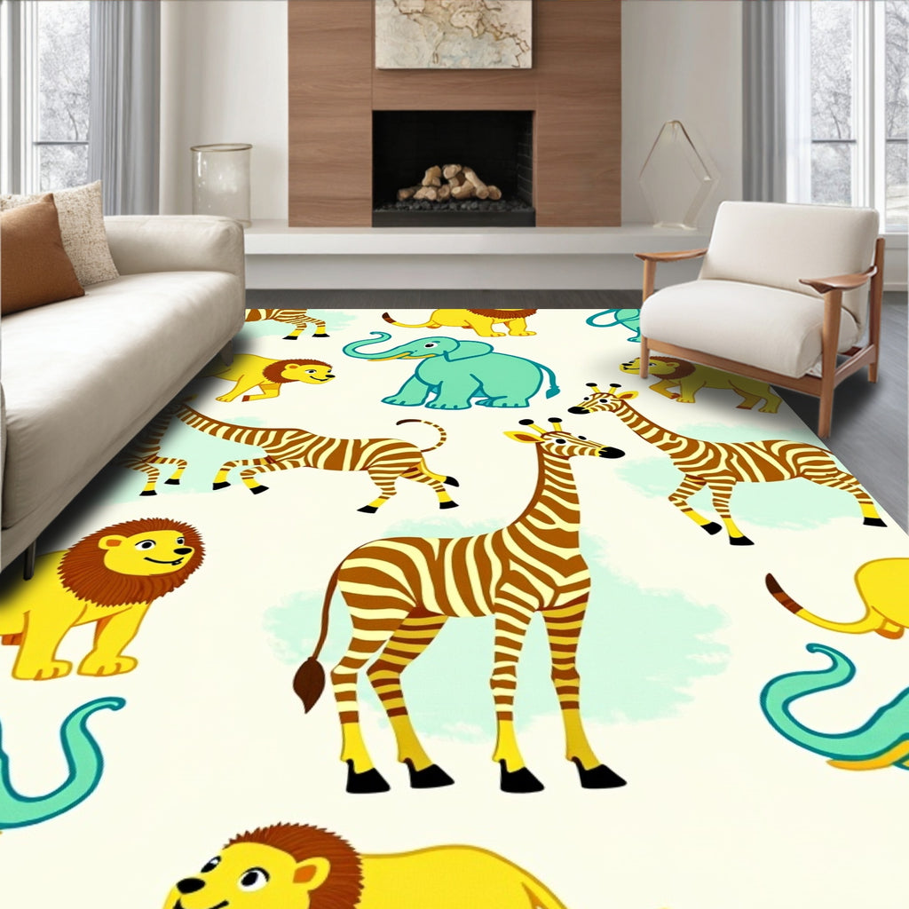 Whimsical Safari Animals Yellow Blue Rug