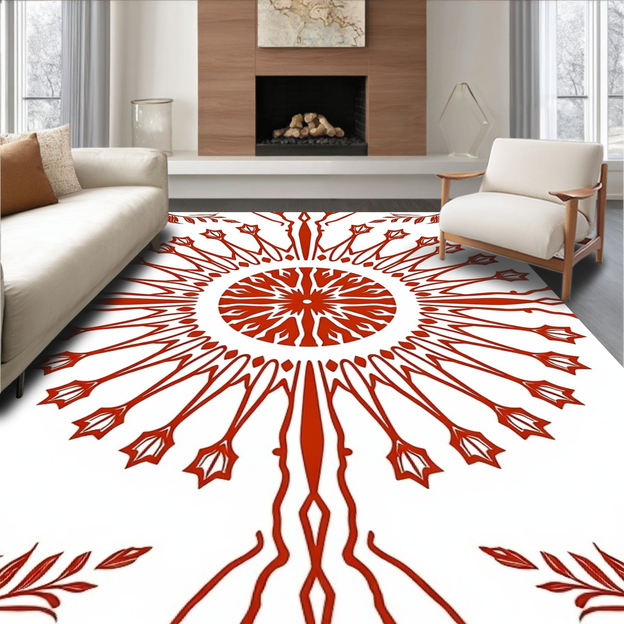 Crimson Sunburst Branch Medallion Rug
