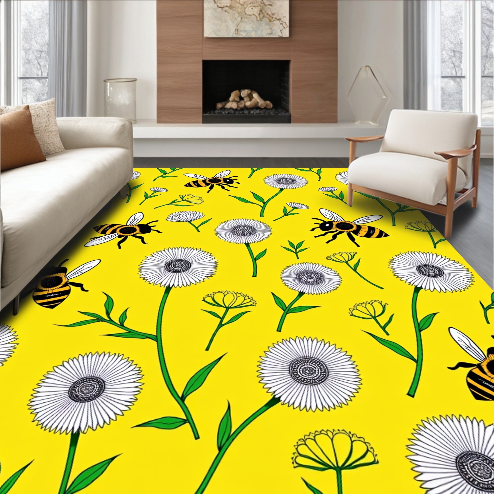 Yellow Bee and Daisy Garden Rug