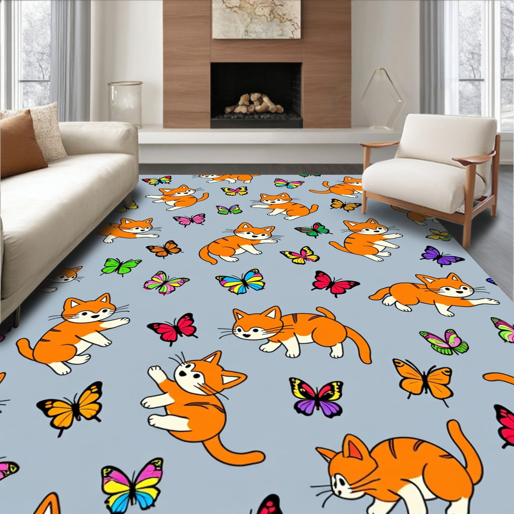 Playful Orange Cats Butterflies Gray Rug
