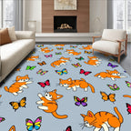 Playful Orange Cats Butterflies Gray Rug