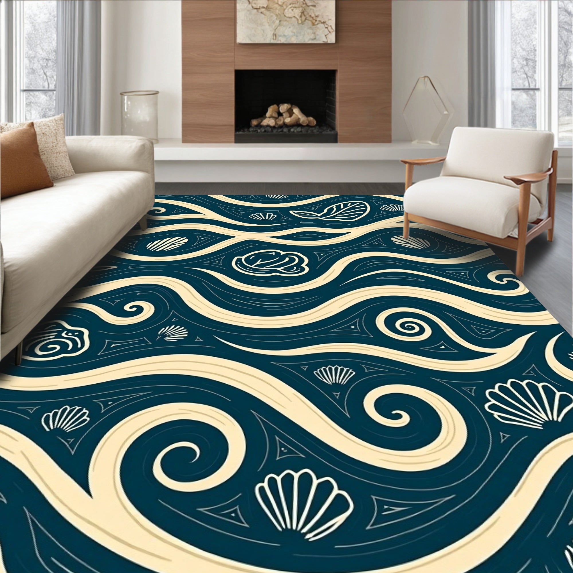 Oceanic Cream Wave Shell Medallion Rug