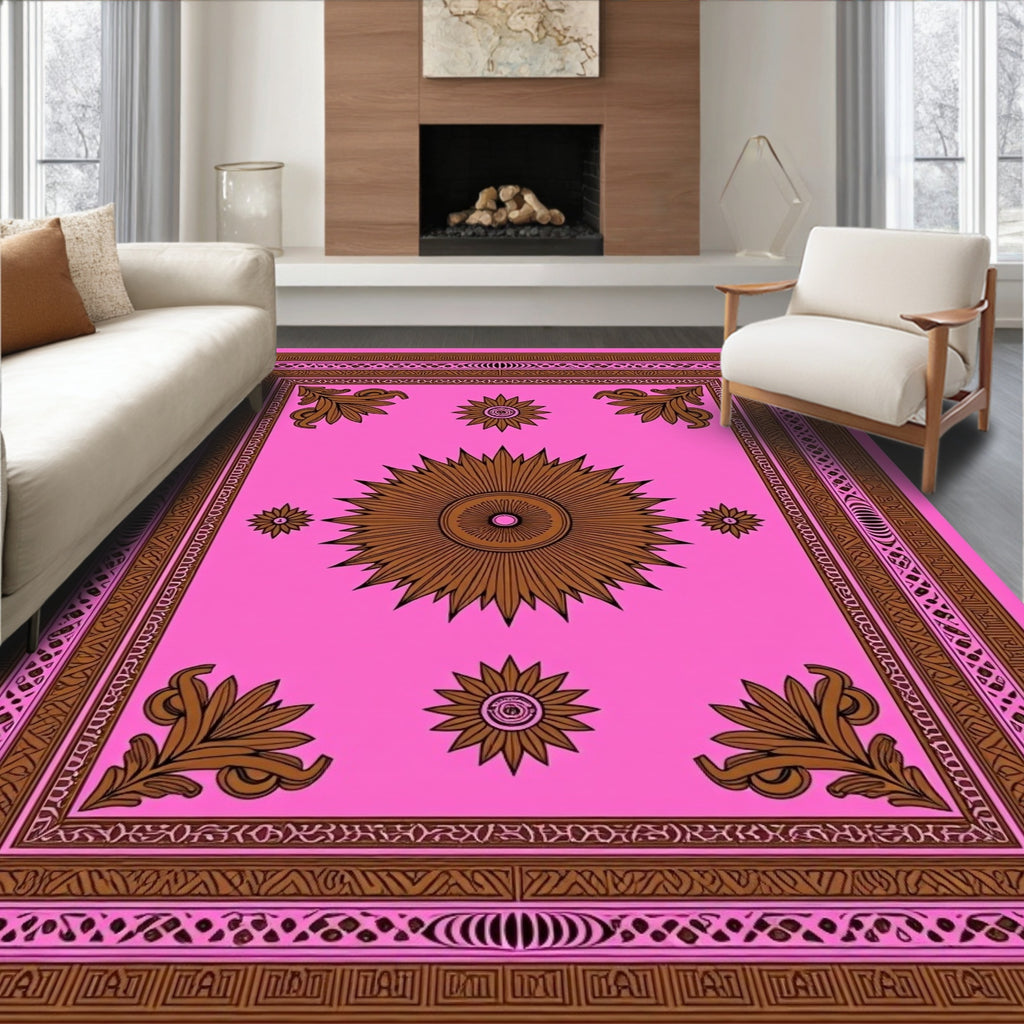 Bright Pink Sunburst Floral Border Rug