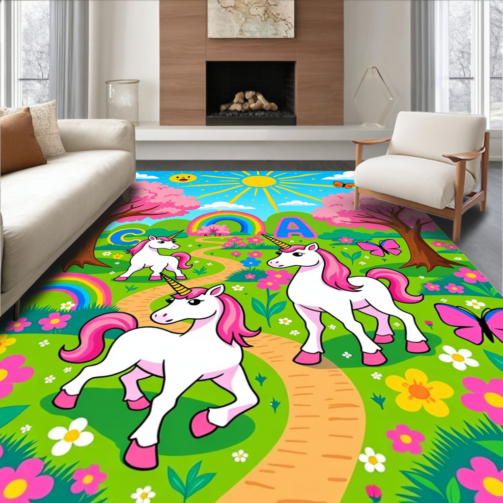 Pink Unicorns And Rainbows Garden Scene Rug