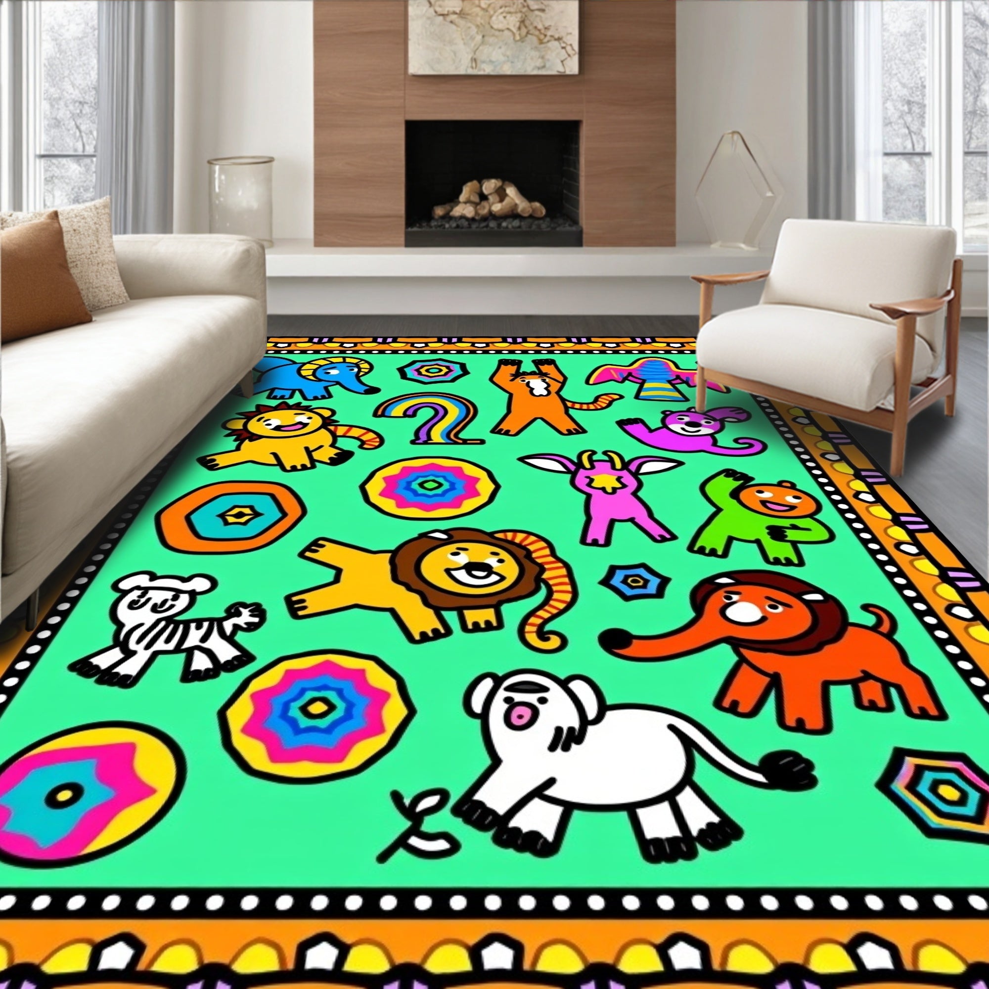 Jubilant Cartoon Animals Colorful Border Rug