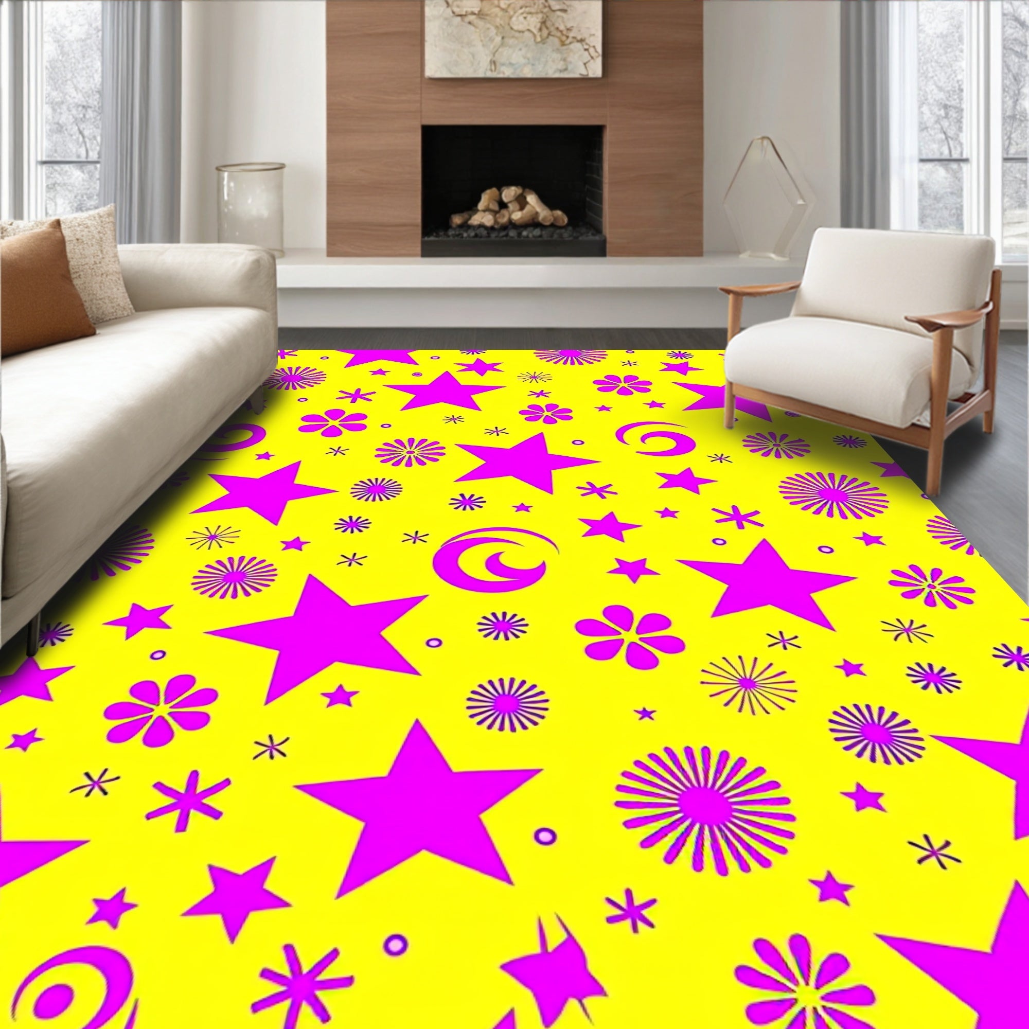 Vibrant Yellow Pink Starburst Floral Rug