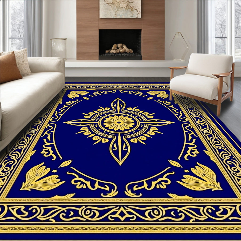 Royal Blue Gold Floral Medallion Border Rug