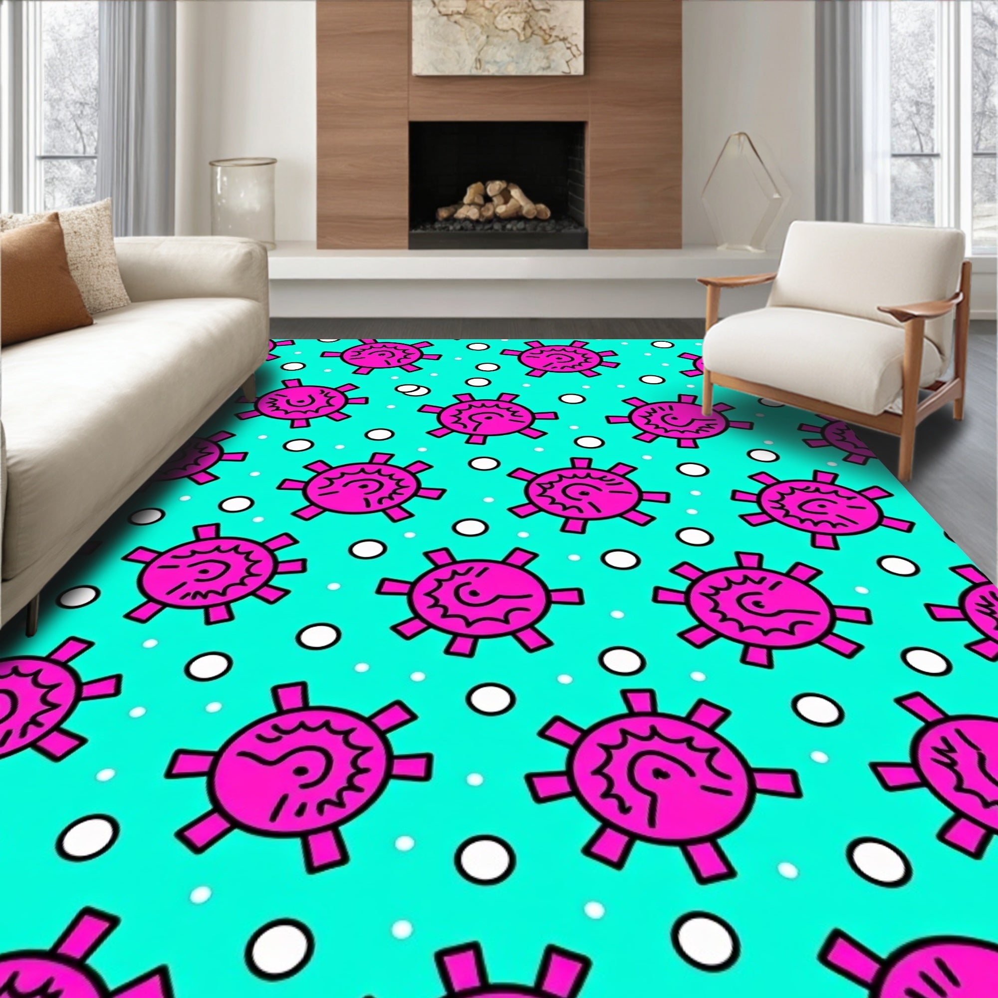 Bright Pink Sunburst Teal Dots Rug