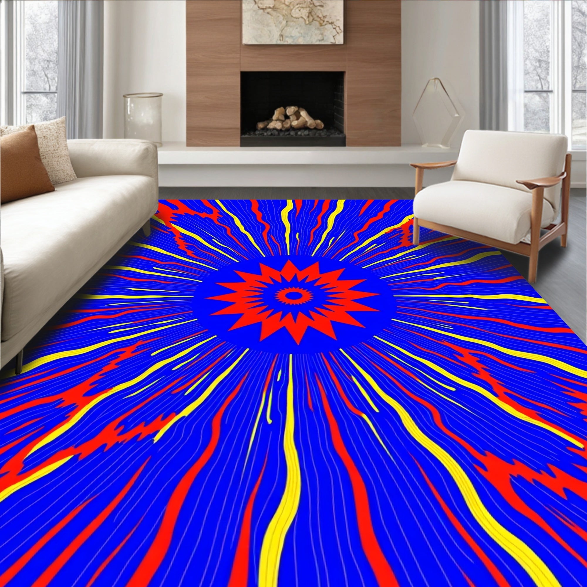 Radiant Sunburst Red Yellow Blue Rug