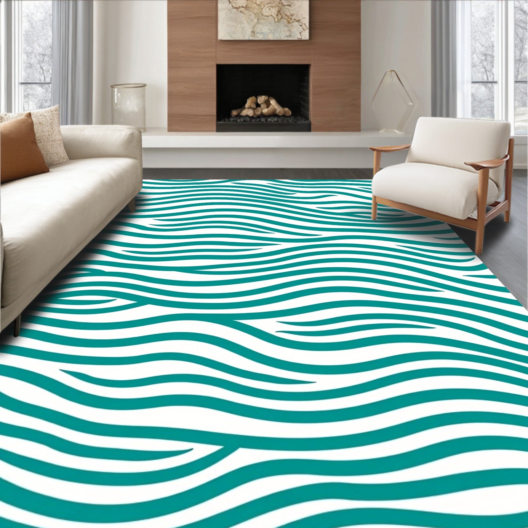 Teal Ocean Wave Abstract Rug