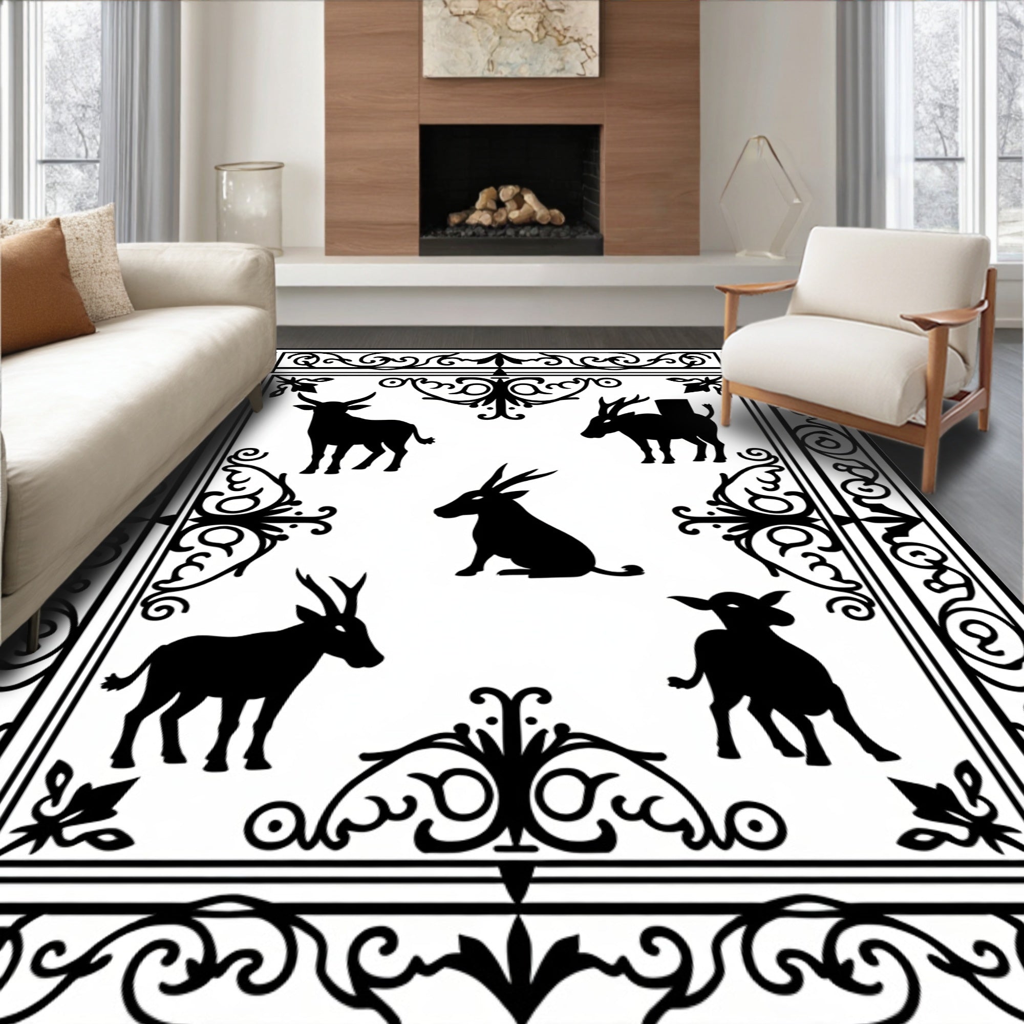 Black White Woodland Creatures Border Rug
