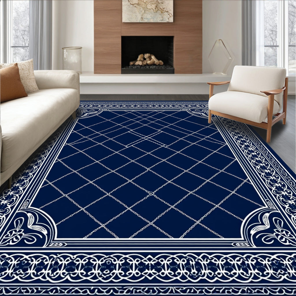 Midnight Blue Ornate Chain Border Rug