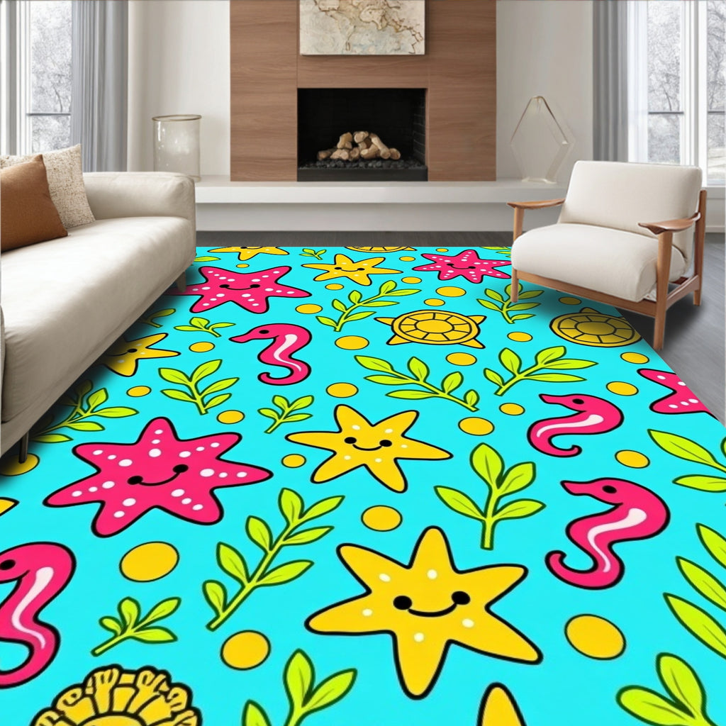 Cute Sea Creatures Under Blue Ocean Rug