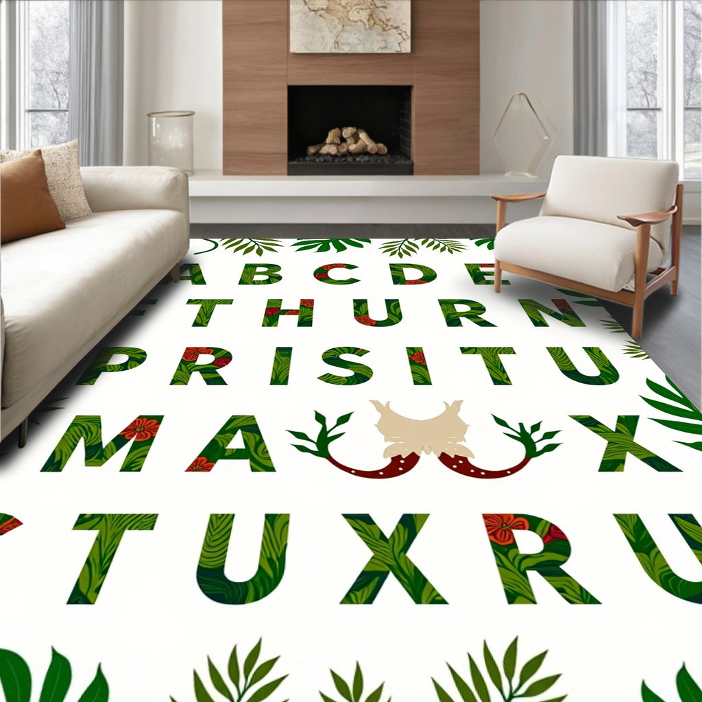Tropical Green Leaf Floral Alphabet Rug