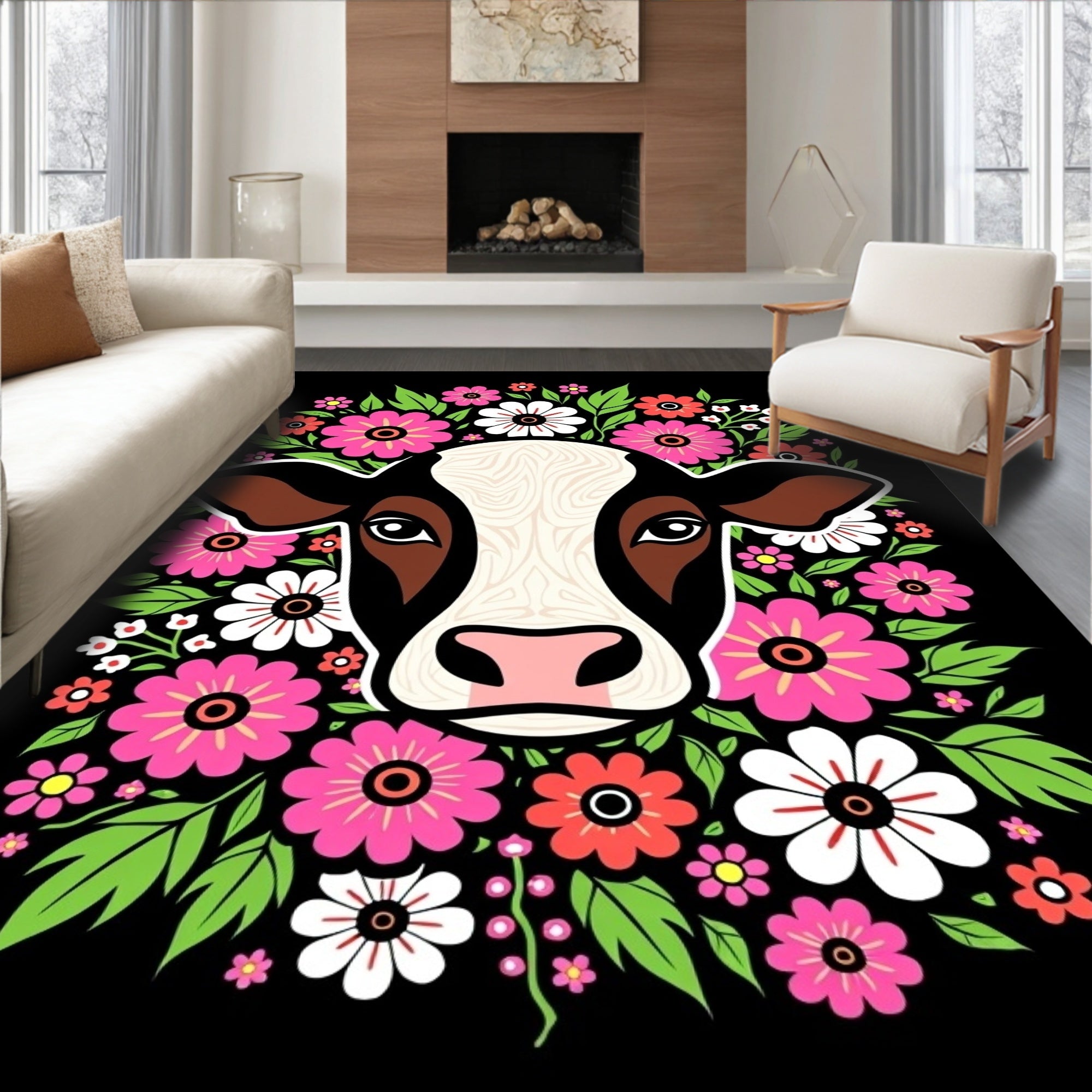 Vibrant Floral Cow Face Rug