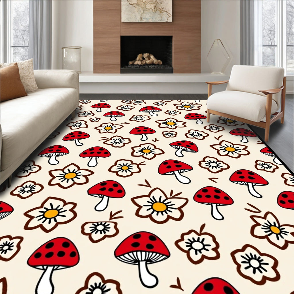 Whimsical Red Mushroom Flower Arrangement Rug