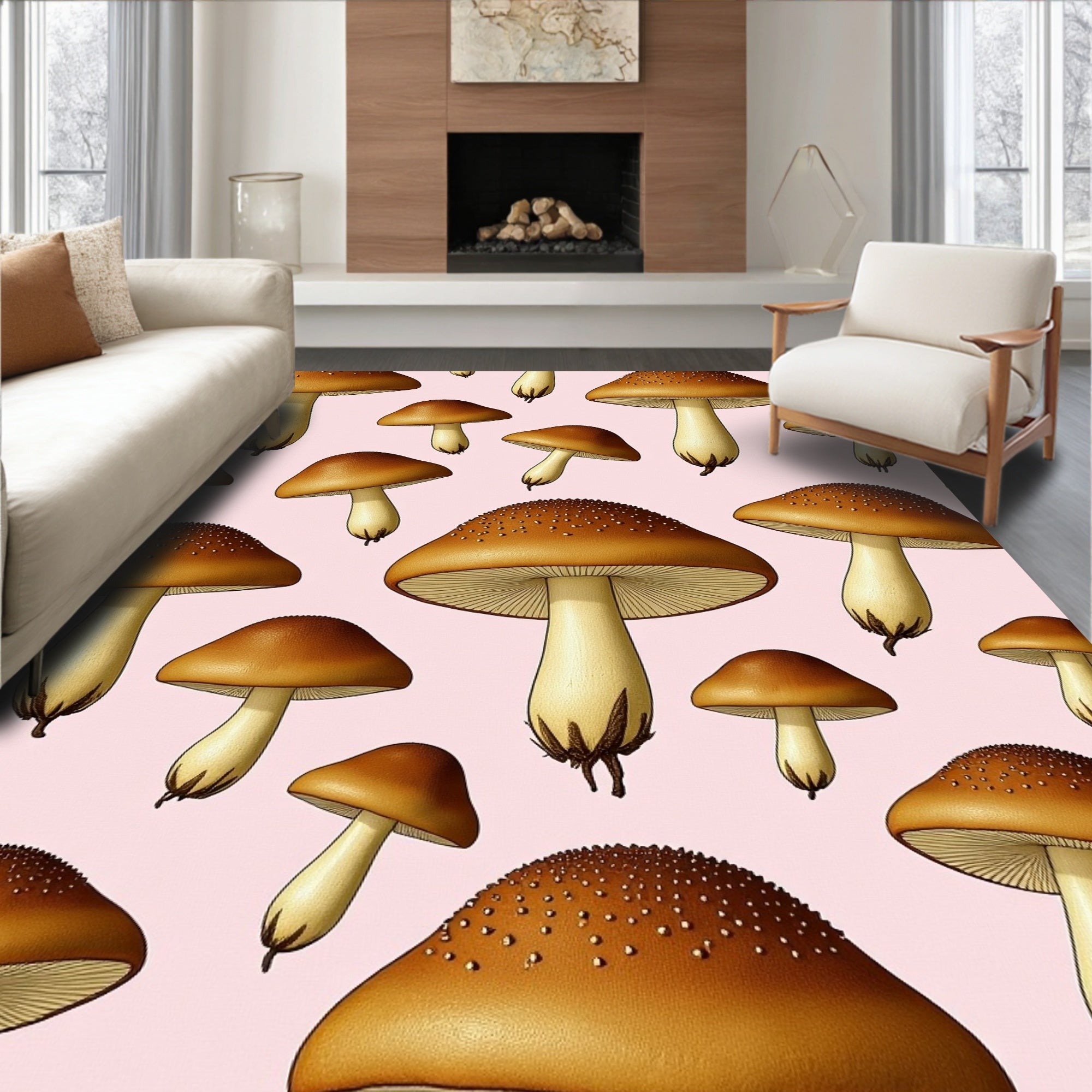 Brown Mushroom Botanical Illustration Background Rug