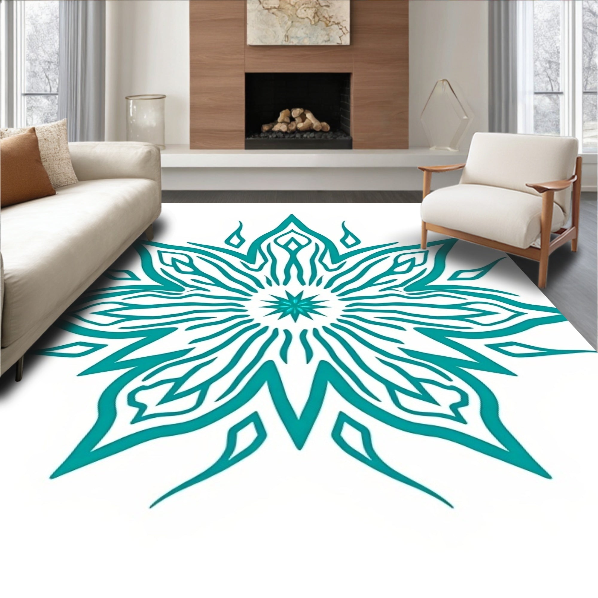 Teal Abstract Starburst Mandala Rug