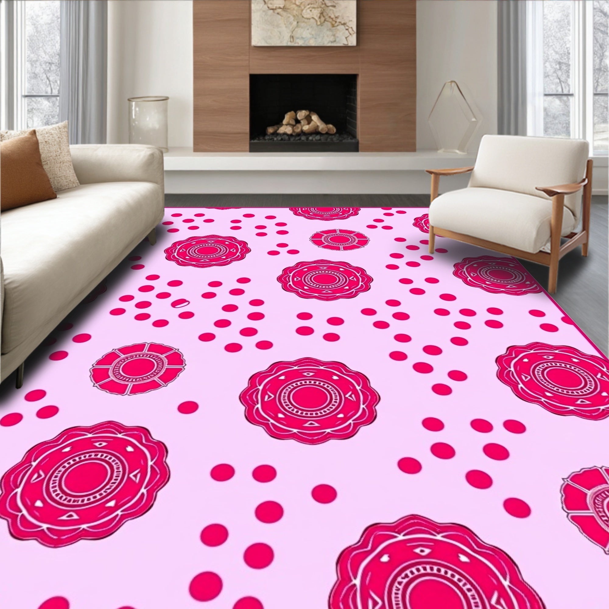 Pink Floral Medallion Polka Dot Rug