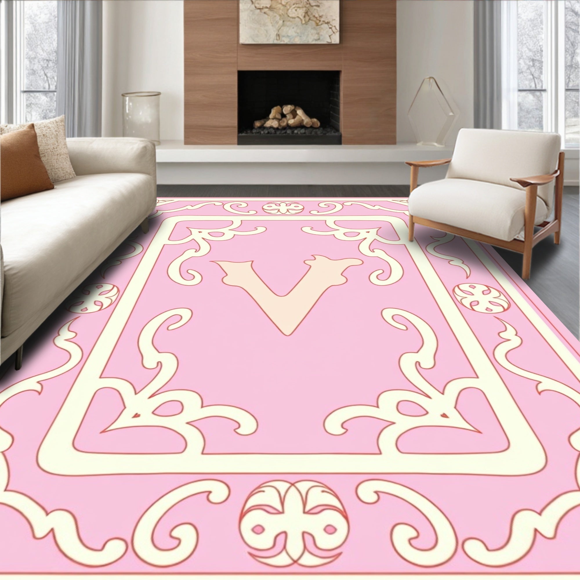 Pink Ivory Ornate Vintage Letter V Rug