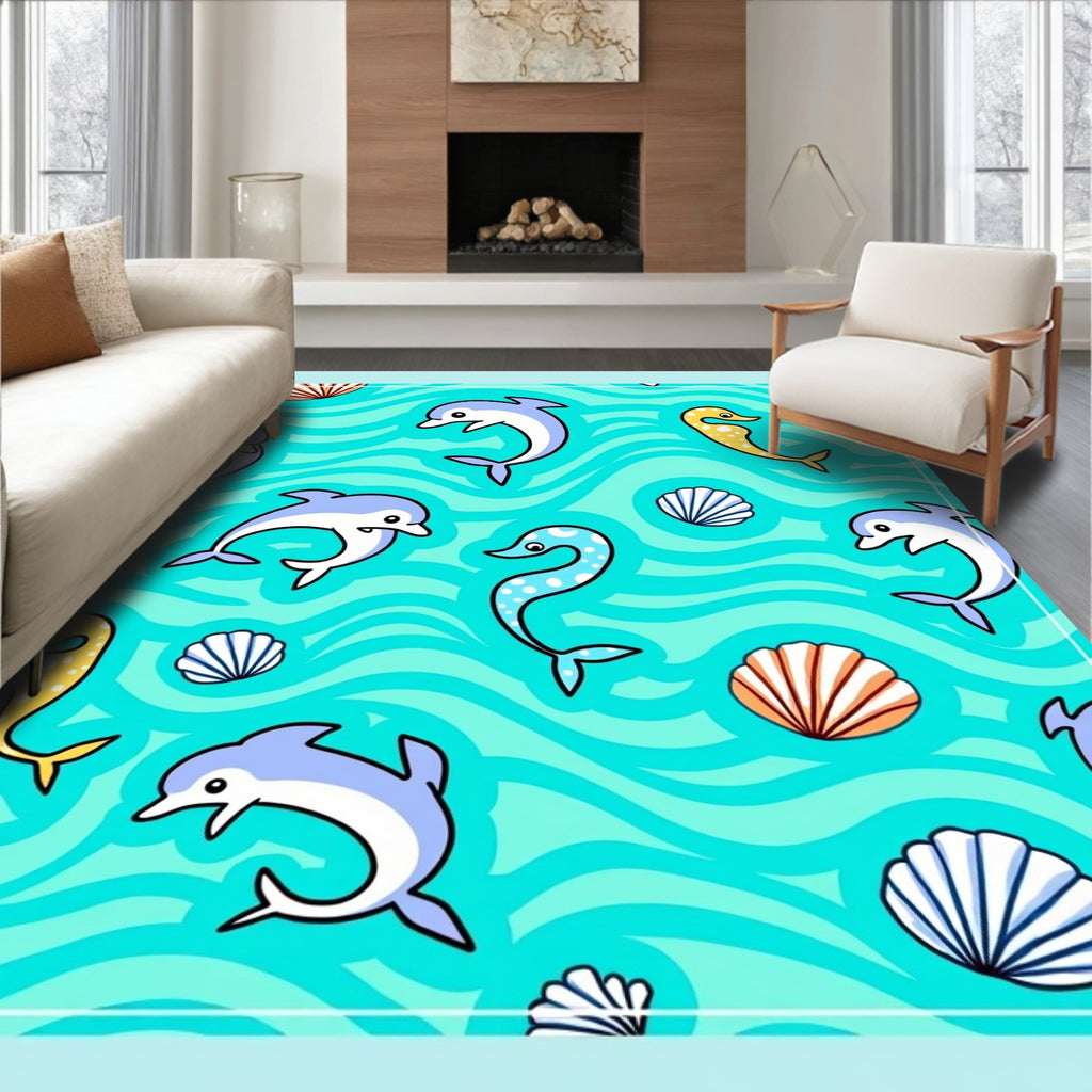 Turquoise Dolphin Shell Wave Scene Rug