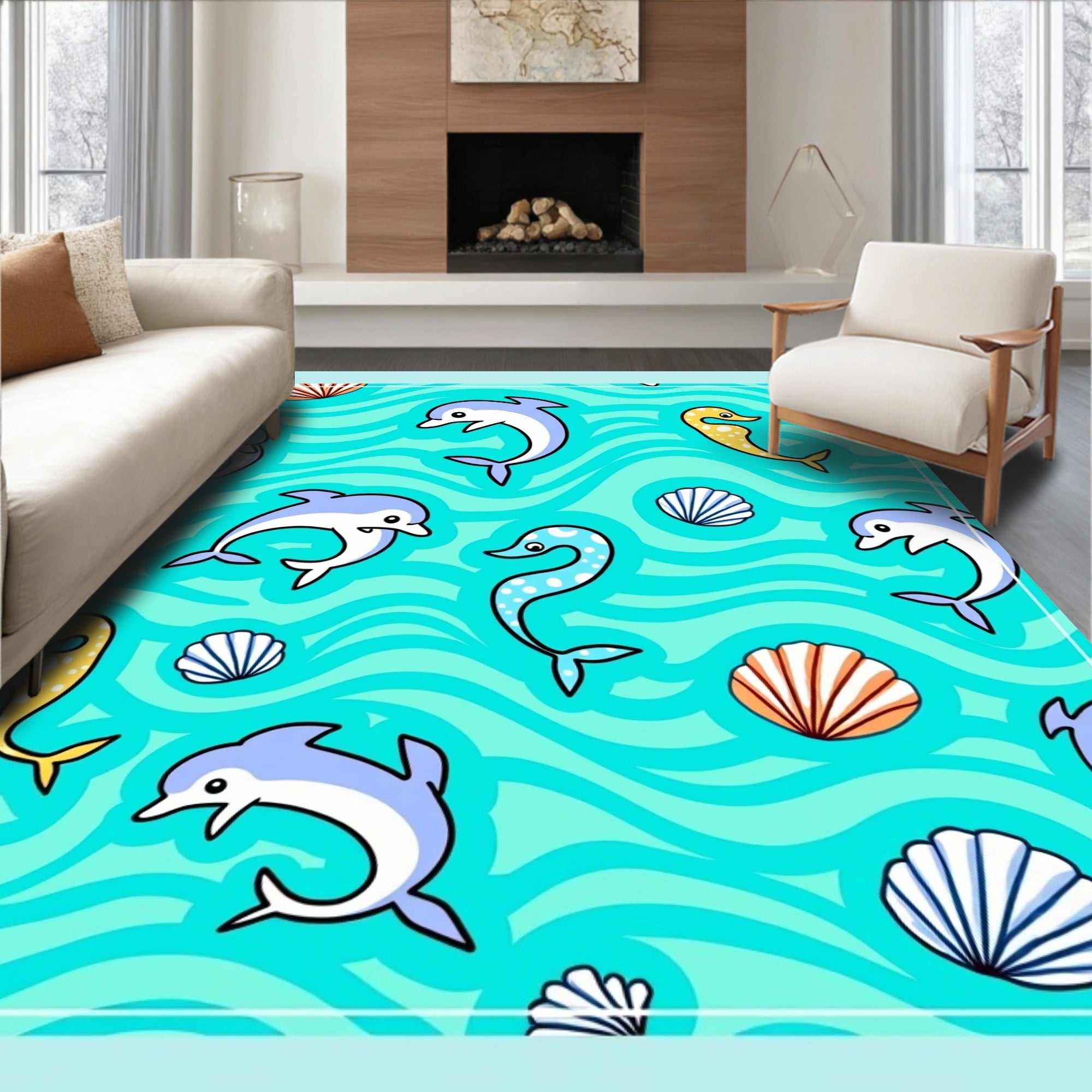 Turquoise Dolphin Shell Wave Scene Rug