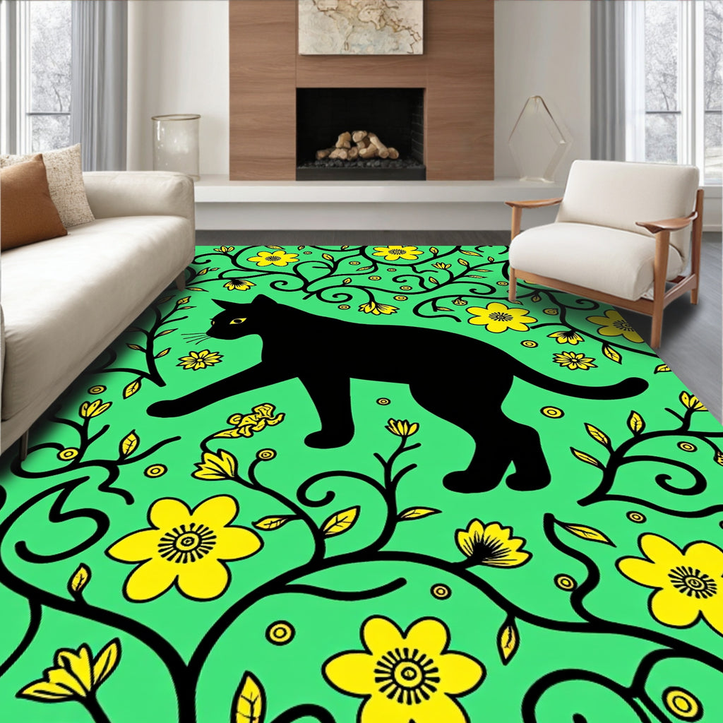 Black Cat Yellow Flower Vines Rug